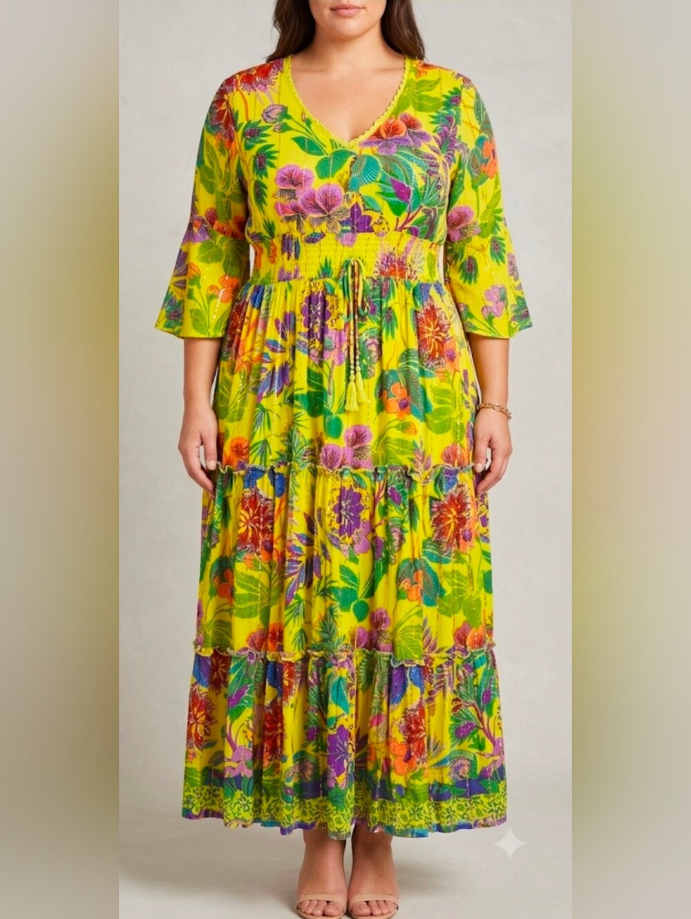 Vibrant Yellow Floral Tiered Maxi Dress with Smocked Waist